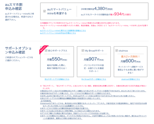 プランの選択時に次のサポートオプションやセット割引を申し込むことができます